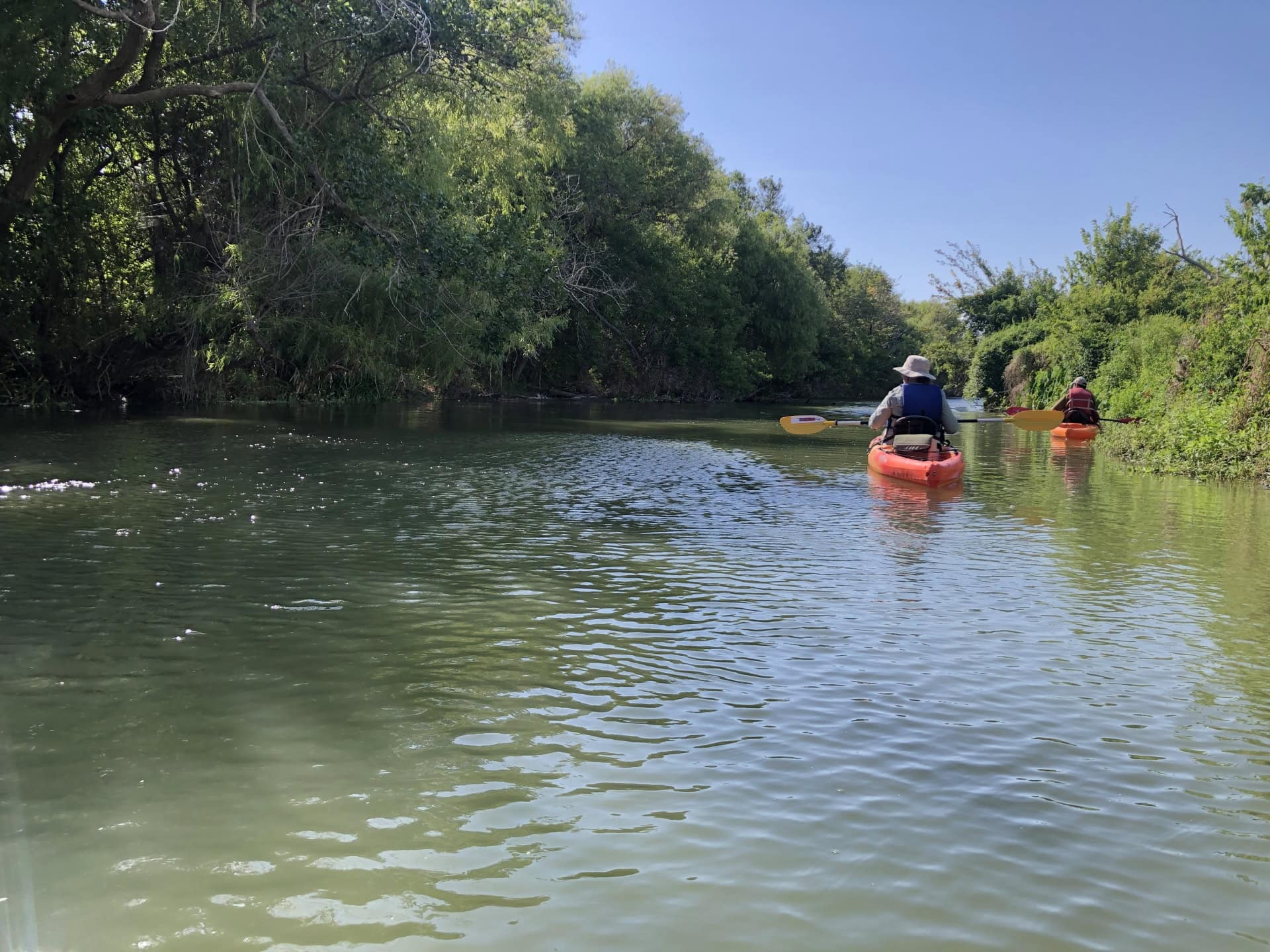 Two people in kayaks on the Guadalupe River